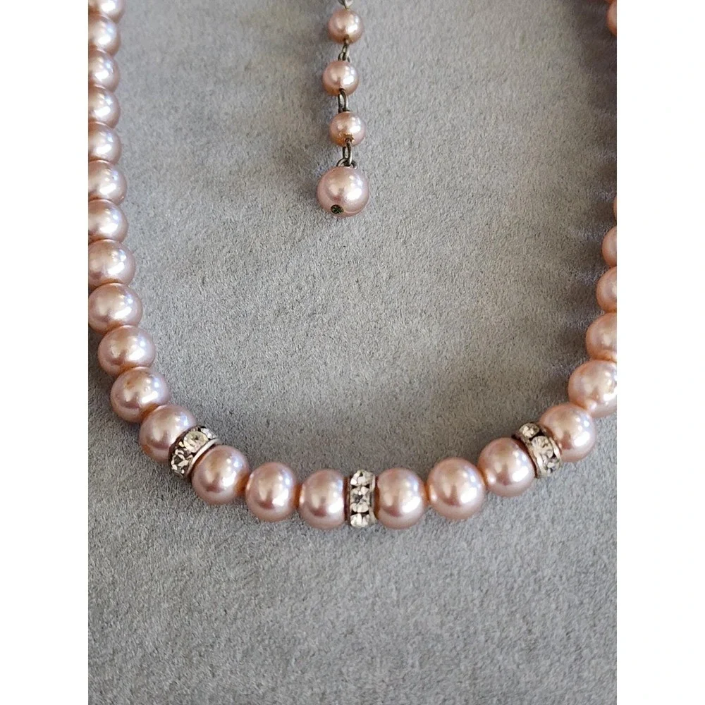 75 Yr Old Japanese Pink Glass Faux Pearl Necklace Crystal Accents FREE $HIPPING!